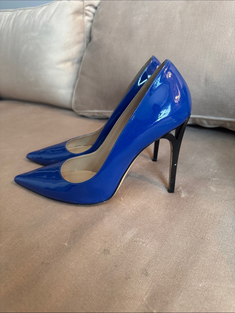 M. Gemi Electric Blue Patent Pointed-Toe Pumps with Black Stiletto Heel